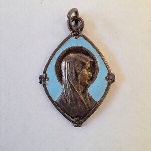 Vintage Virgin Mary Charm Blue Enamel Pendant Silver Tone Christian Lourdes